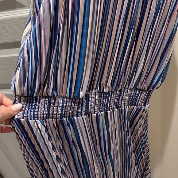 White House Black Market Navy and Warm Tones Gold Striped Halter Dress - Picture 6 of 15